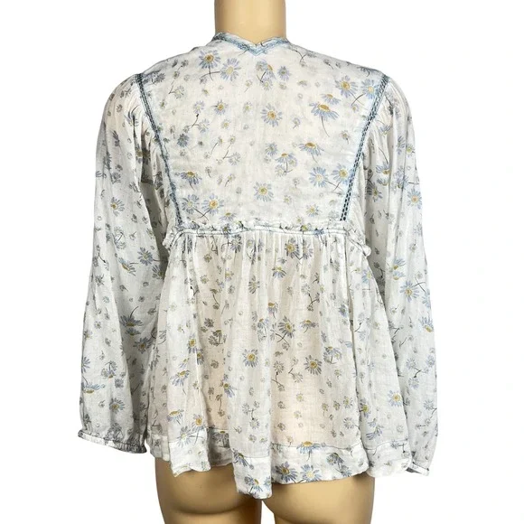Free People Daisy Floral Peasant Blouse Womens Medium M White Boho Festival - Picture 2 of 16